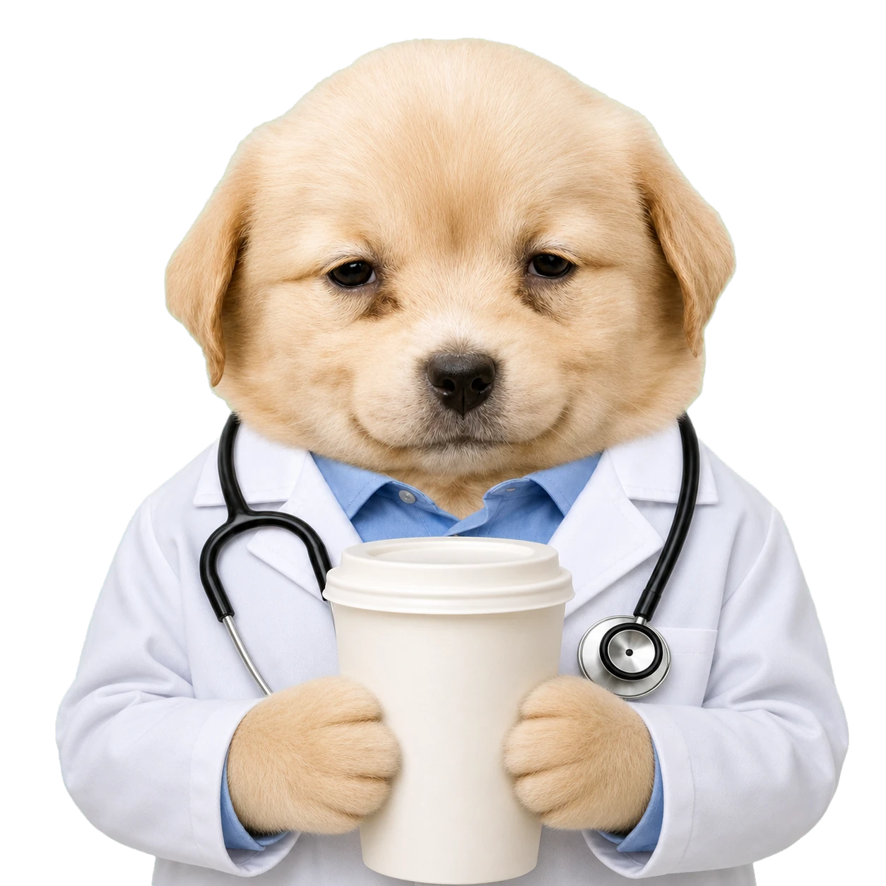 Intern Dog holding coffee